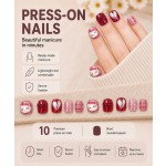Wine‑Red Plaid Hello Kitty Press‑On Nails,3D Bow Silver Heart Short Rounded‑Square False Nails